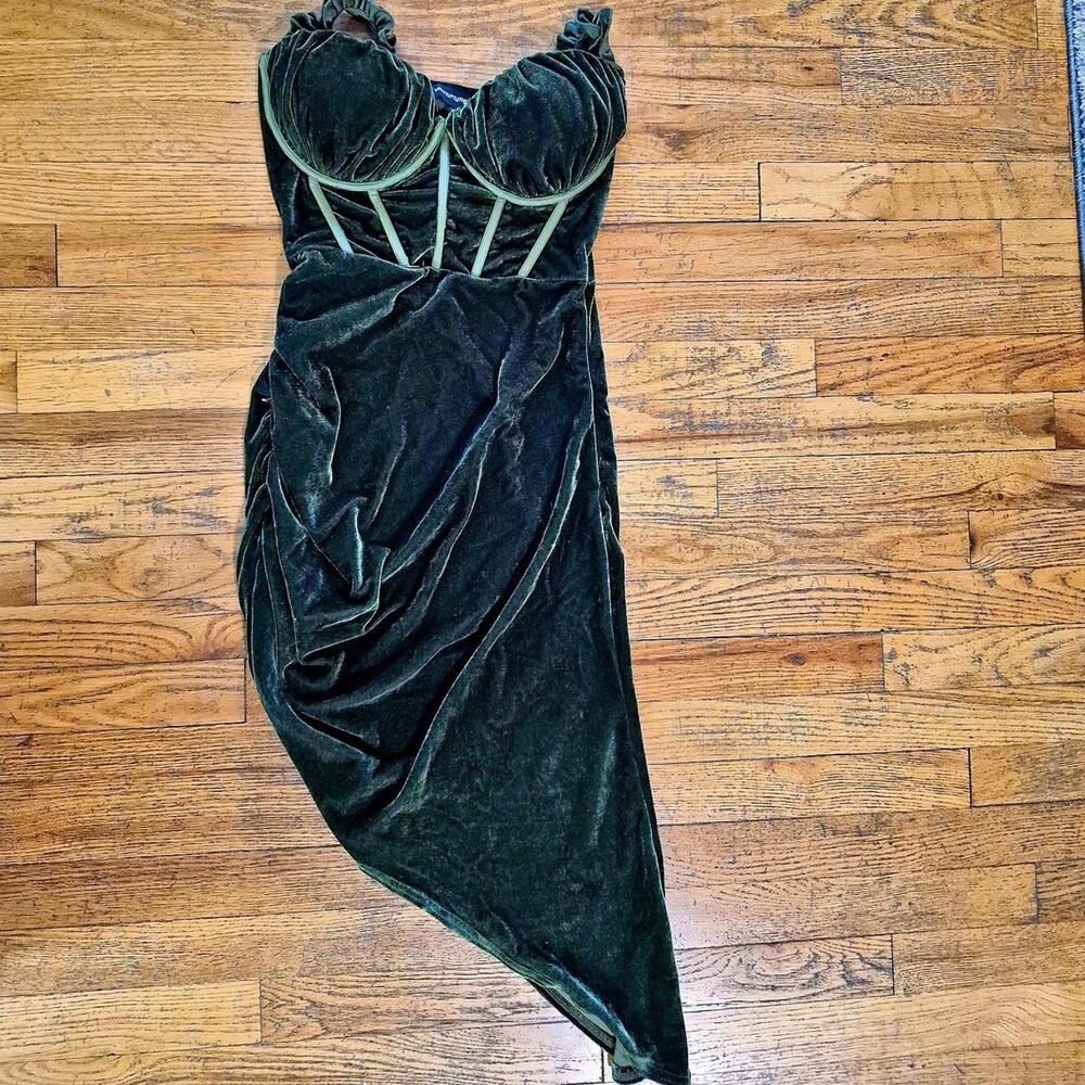 Prettylittlething olive green velvet corset dress